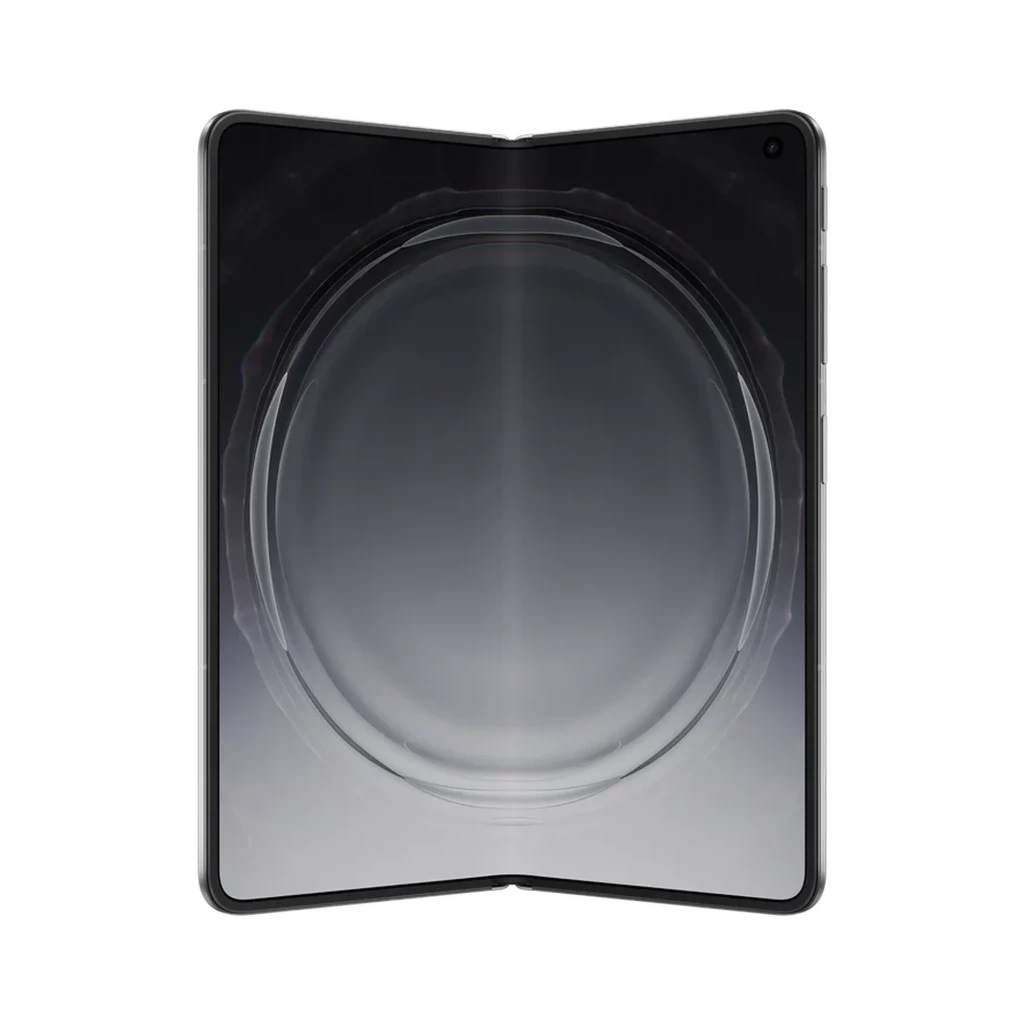 Oppo Find N6 5G titânio estelar com ecrã interno dobrável quase sem molduras, canto arredondado e câmara frontal em furo no topo direito