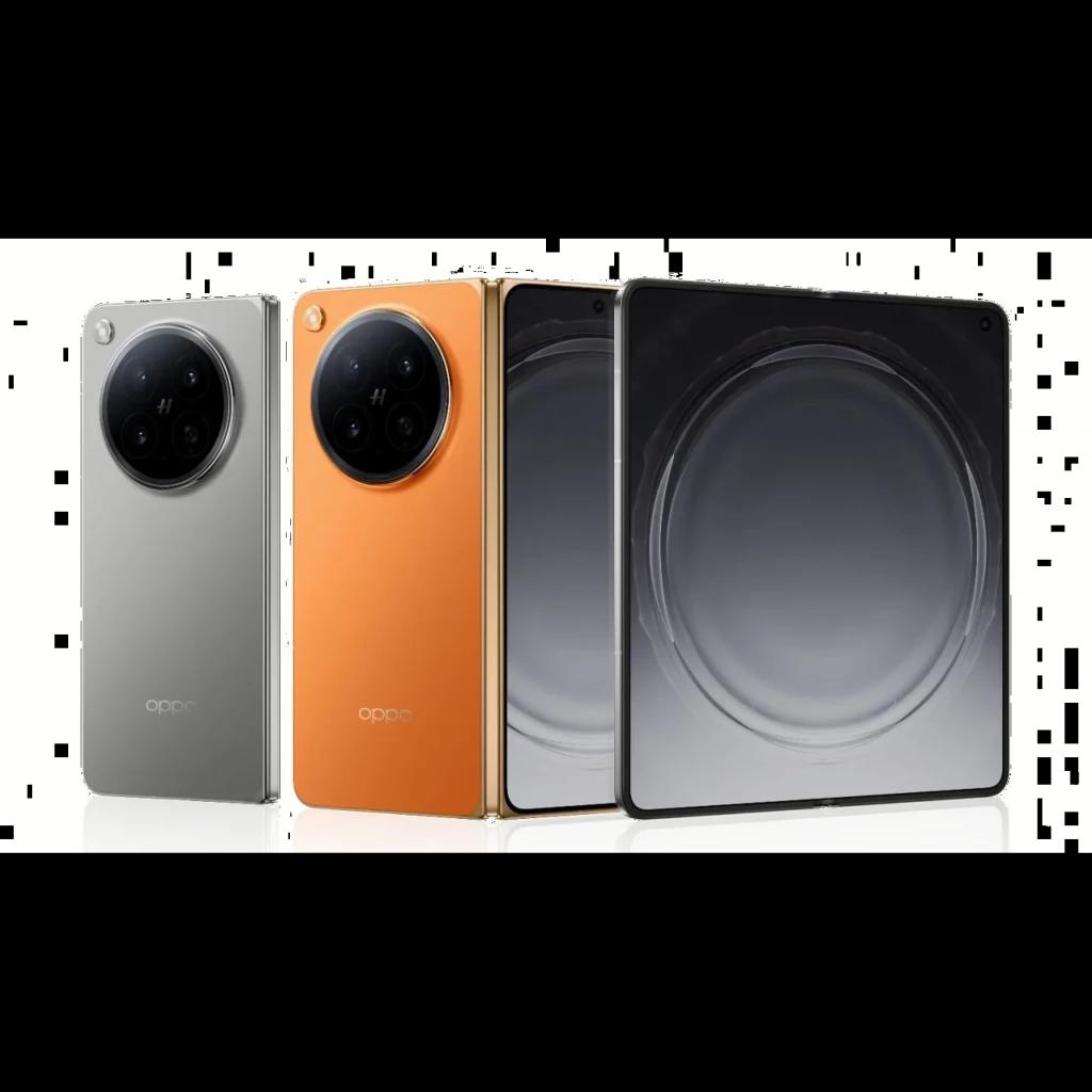 Oppo Find N6 5G plegable en titanio estelar y naranja, módulo de cámara circular grande, pantalla interna amplia sin biseles y perforación discreta