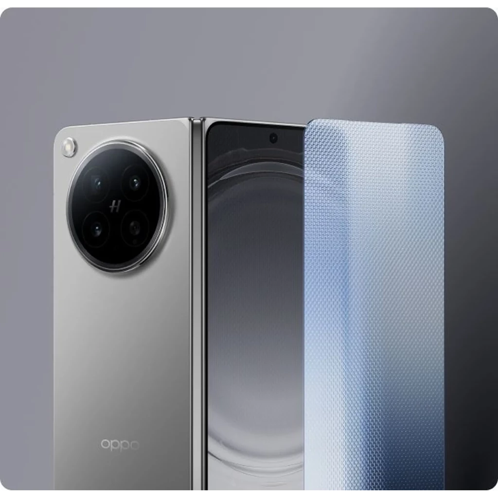 Oppo Find N6 5G en titanio estelar, formato plegable tipo libro, gran módulo de cámara circular trasera y pantalla interior amplia sin biseles visibles