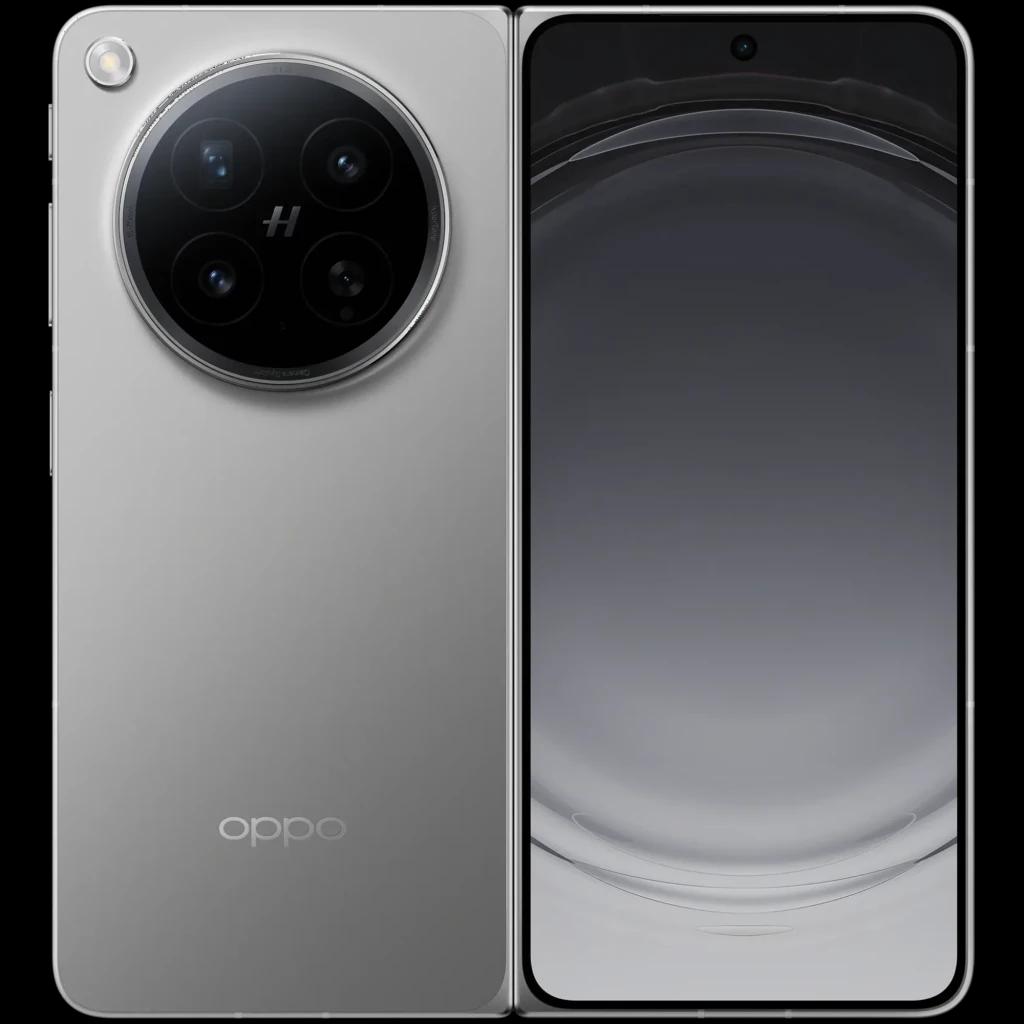 Oppo Find N6 5G Titânio Estelar com ecrã dobrável aberto, câmara circular tripla grande com flash, frente com furo central para câmara selfie