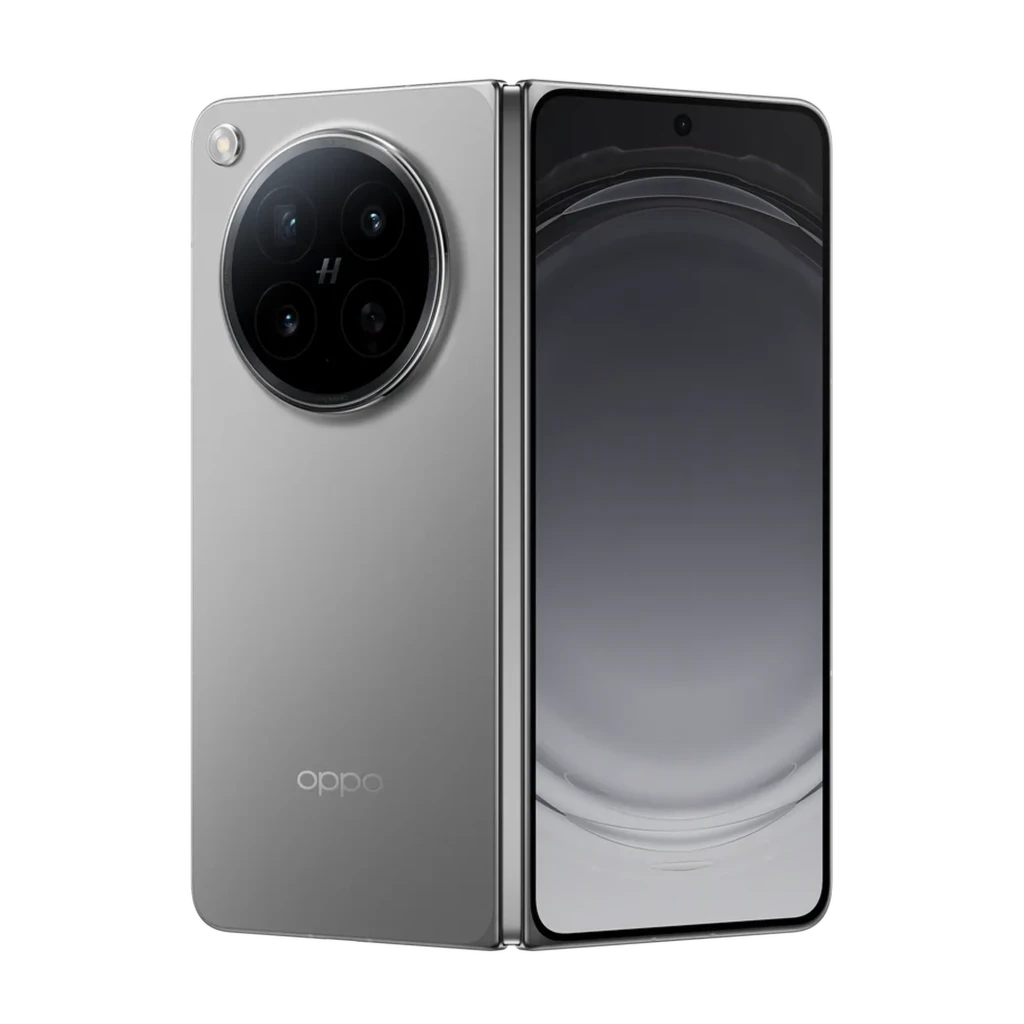 Oppo Find N6 5G titânio estelar com ecrã dobrável, módulo de câmera circular quádruplo, frente com furo central e acabamento metálico elegante