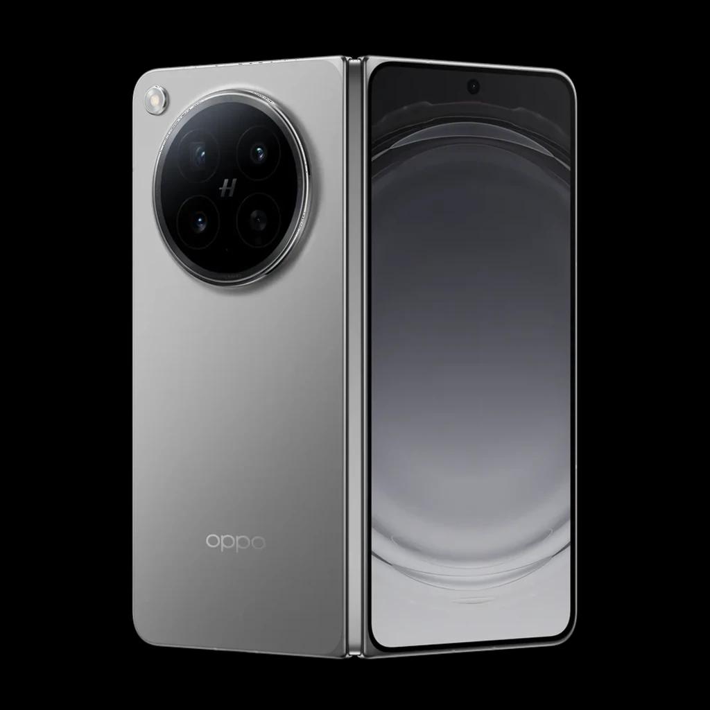 Oppo Find N6 5G titânio estelar com ecrã dobrável, módulo de câmera circular quádruplo, frente com furo central e acabamento metálico elegante