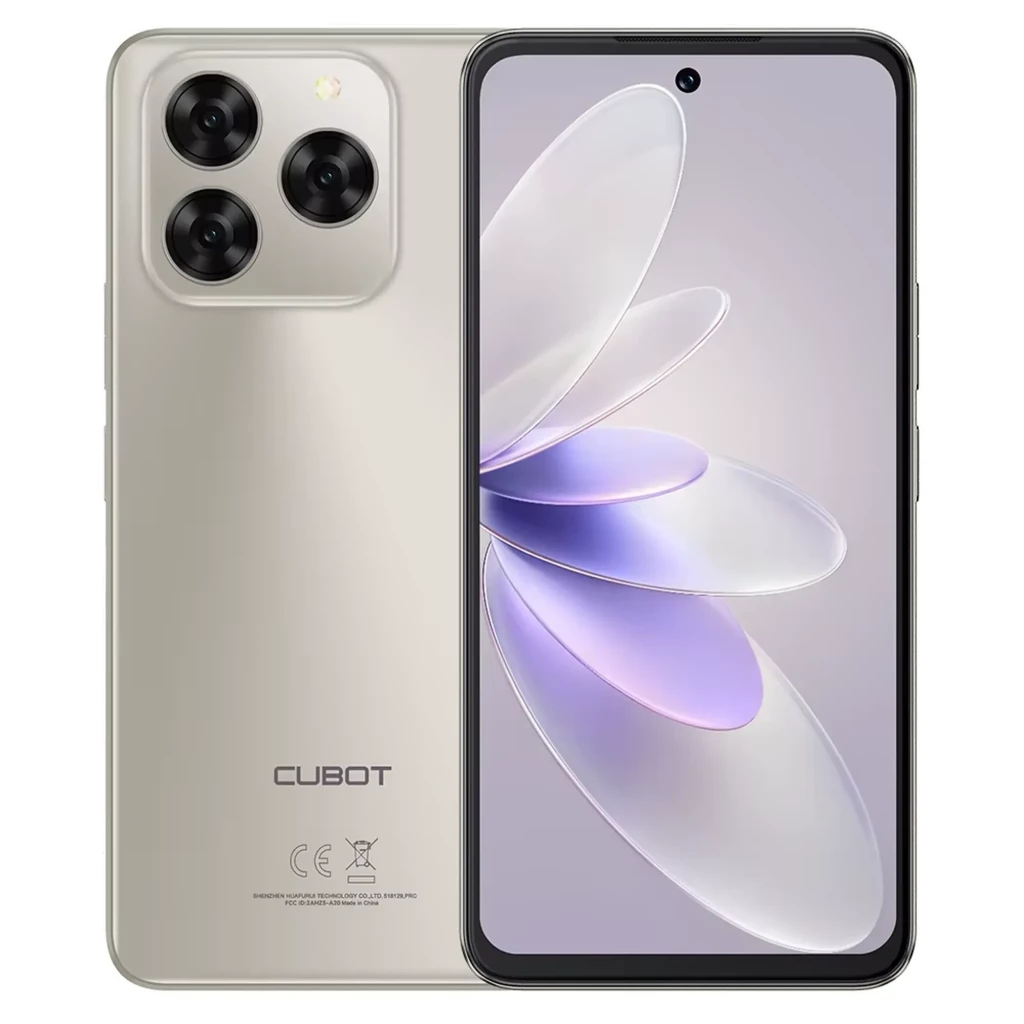 Cubot Note 60 gris titan con triple cámara trasera destacada, pantalla frontal con notch perforado centrado y bordes delgados, diseño elegante y minimalista