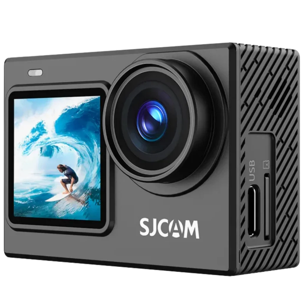 Caméra d’action compacte noire SJCAM SJ6 Ultra 4K 30 i/s avec double écran avant et arrière, grand objectif proéminent, port USB et fente microSD visibles
