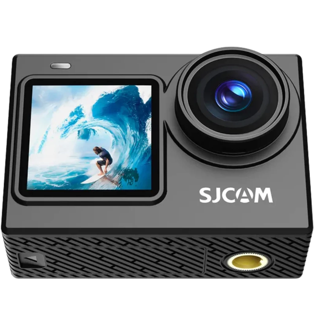 SJCAM SJ6 Ultra caméra d’action 4K 30 i/s avec double écran: grand objectif avant, écran latéral affichant un surfeur, boîtier noir texturé, port