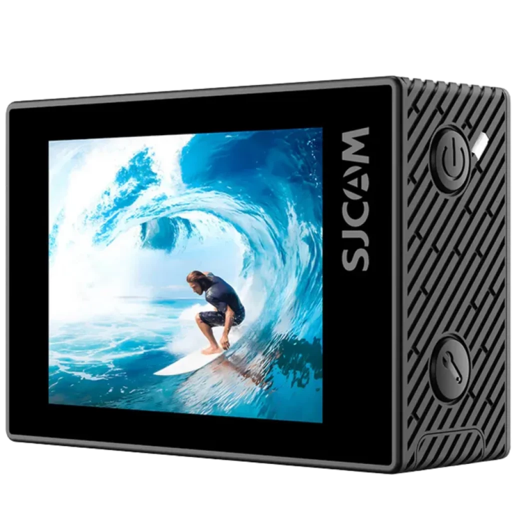 SJCAM SJ6 Ultra 4K 30 i/s avec double écran, boîtier compact texturé, grand écran arrière affichant un surfeur, boutons latéraux et logo SJCAM visible