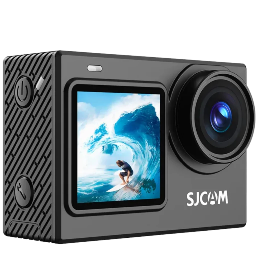 Caméra d’action compacte noire SJCAM SJ6 Ultra avec double écran dont un avant couleur, objectif grand angle proéminent, boutons latéraux texturés, logo