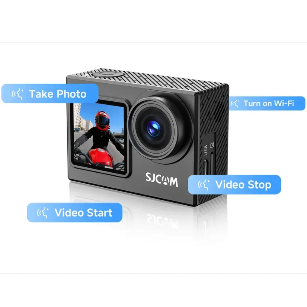 Caméra d’action compacte avec double écran avant et arrière, grand objectif, commandes vocales Video Start Stop et Take Photo, bouton Wi‑Fi visible,