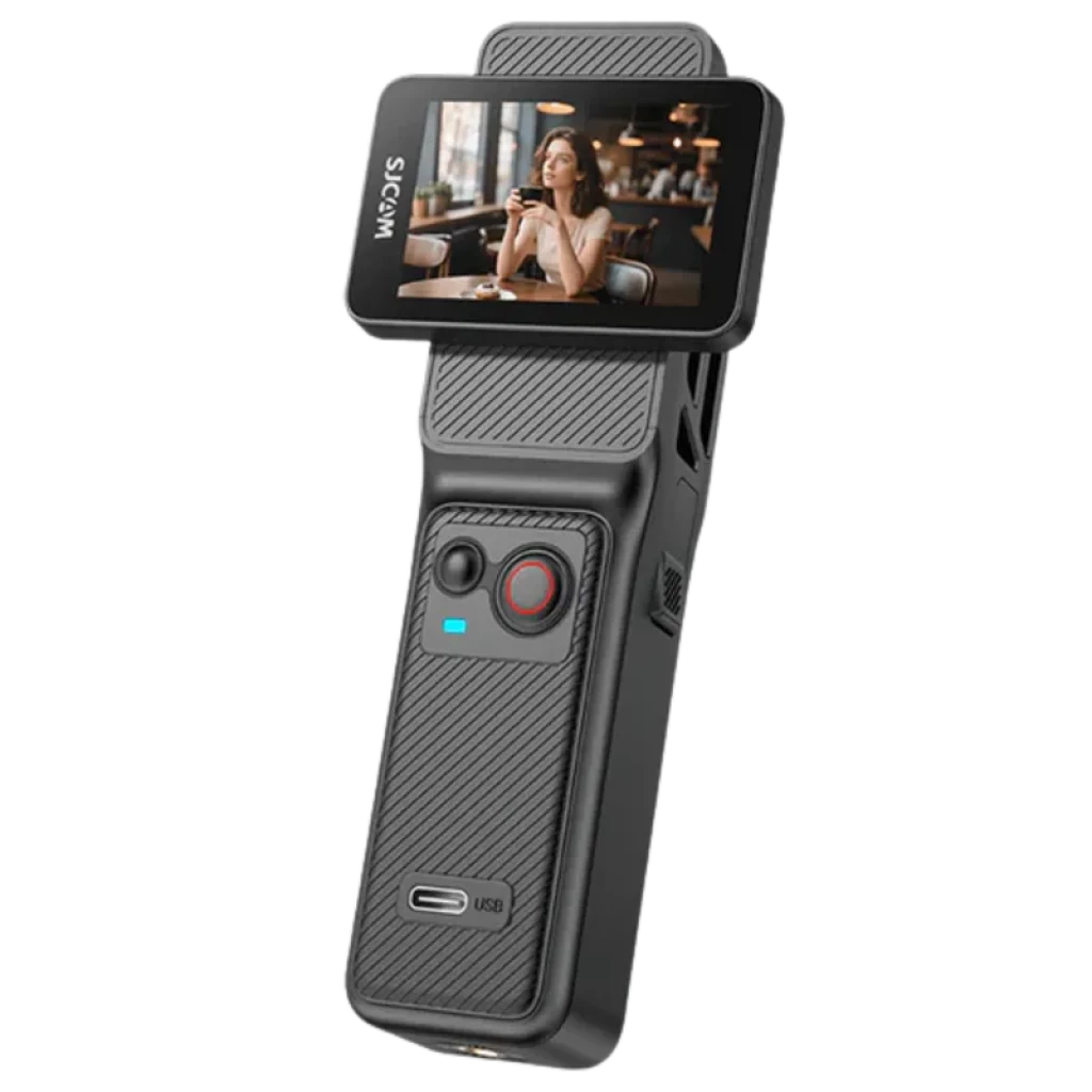 SJCAM C400 Pocket 4K modular 3 en 1 con pantalla giratoria, cuerpo compacto con agarre texturizado, botón rojo de grabación y puerto USB-C visible
