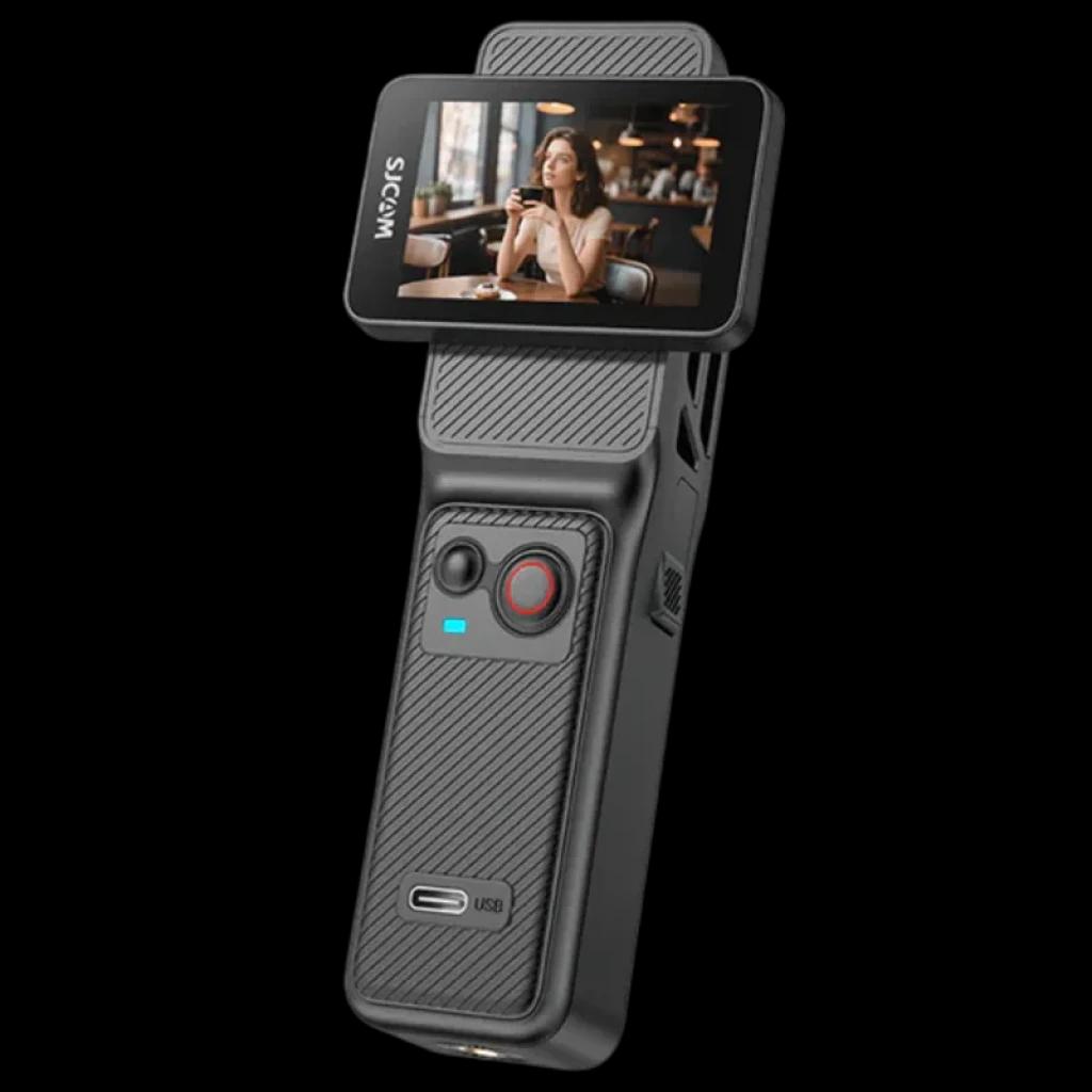 SJCAM C400 Pocket 4K modular 3 en 1 con pantalla giratoria, cuerpo compacto con agarre texturizado, botón rojo de grabación y puerto USB-C visible