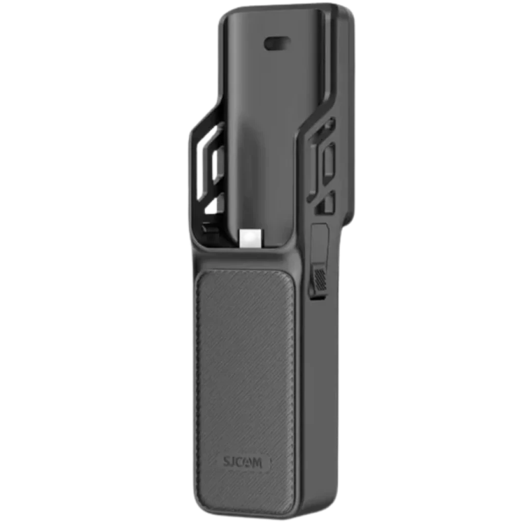 Módulo de empuñadura SJCAM C400 con agarre texturizado, cuerpo negro compacto y ranura USB-C, diseño modular para cámara 4K con soporte y botón lateral