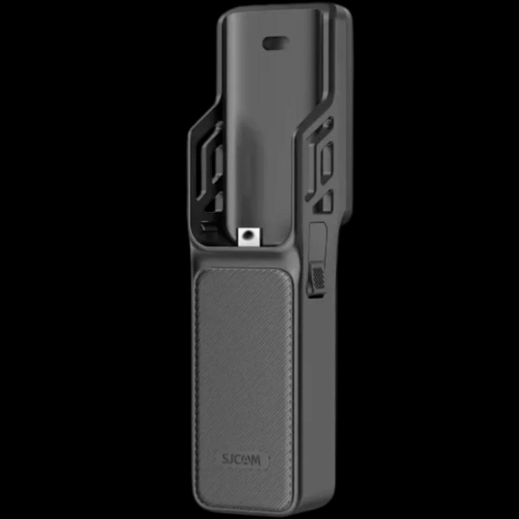 Módulo de empuñadura SJCAM C400 con agarre texturizado, cuerpo negro compacto y ranura USB-C, diseño modular para cámara 4K con soporte y botón lateral