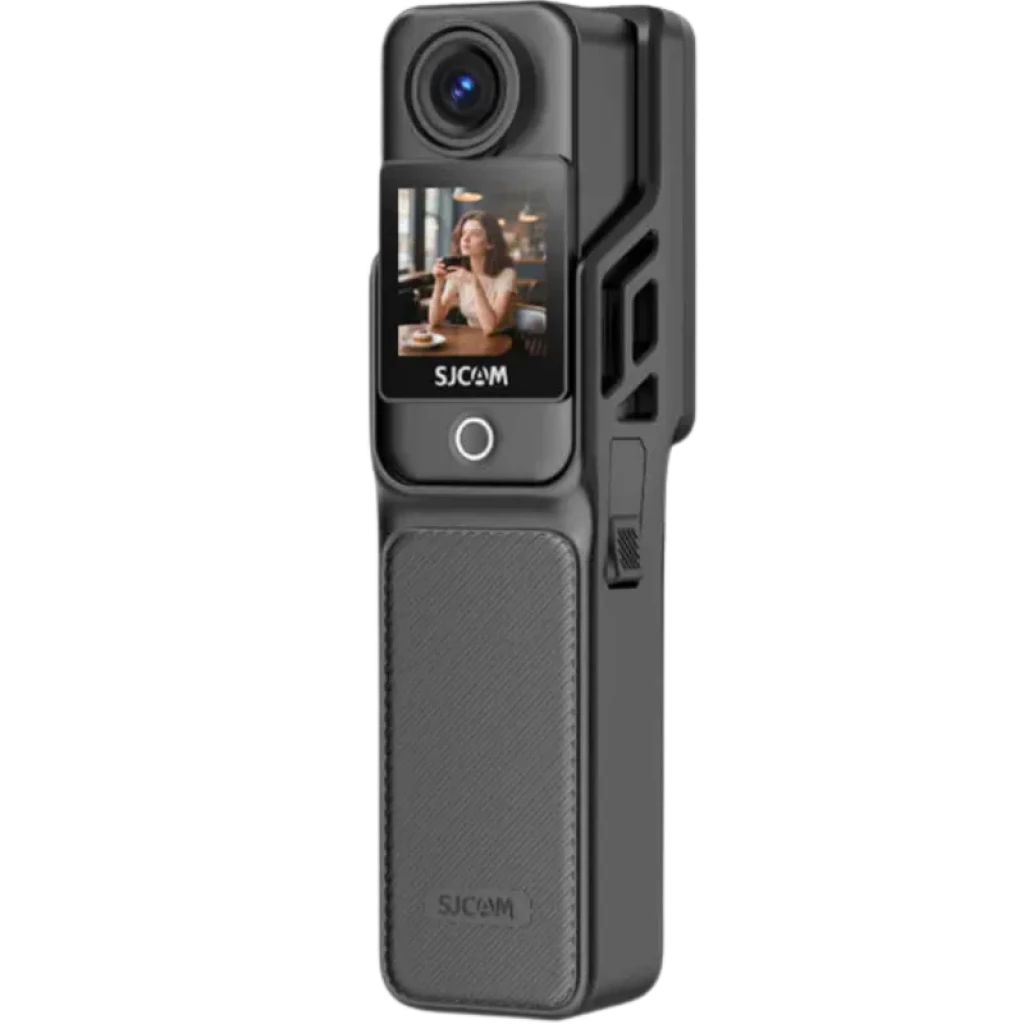 Cámara de acción SJCAM C400 Pocket 4K modular 3 en 1 con pantalla giratoria, lente gran angular, cuerpo compacto negro y agarre texturizado para estabilidad