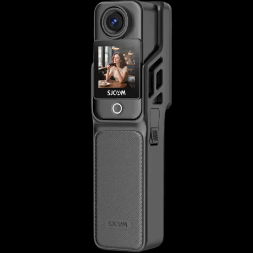 Cámara de acción SJCAM C400 Pocket 4K modular 3 en 1 con pantalla giratoria, lente gran angular, cuerpo compacto negro y agarre texturizado para estabilidad