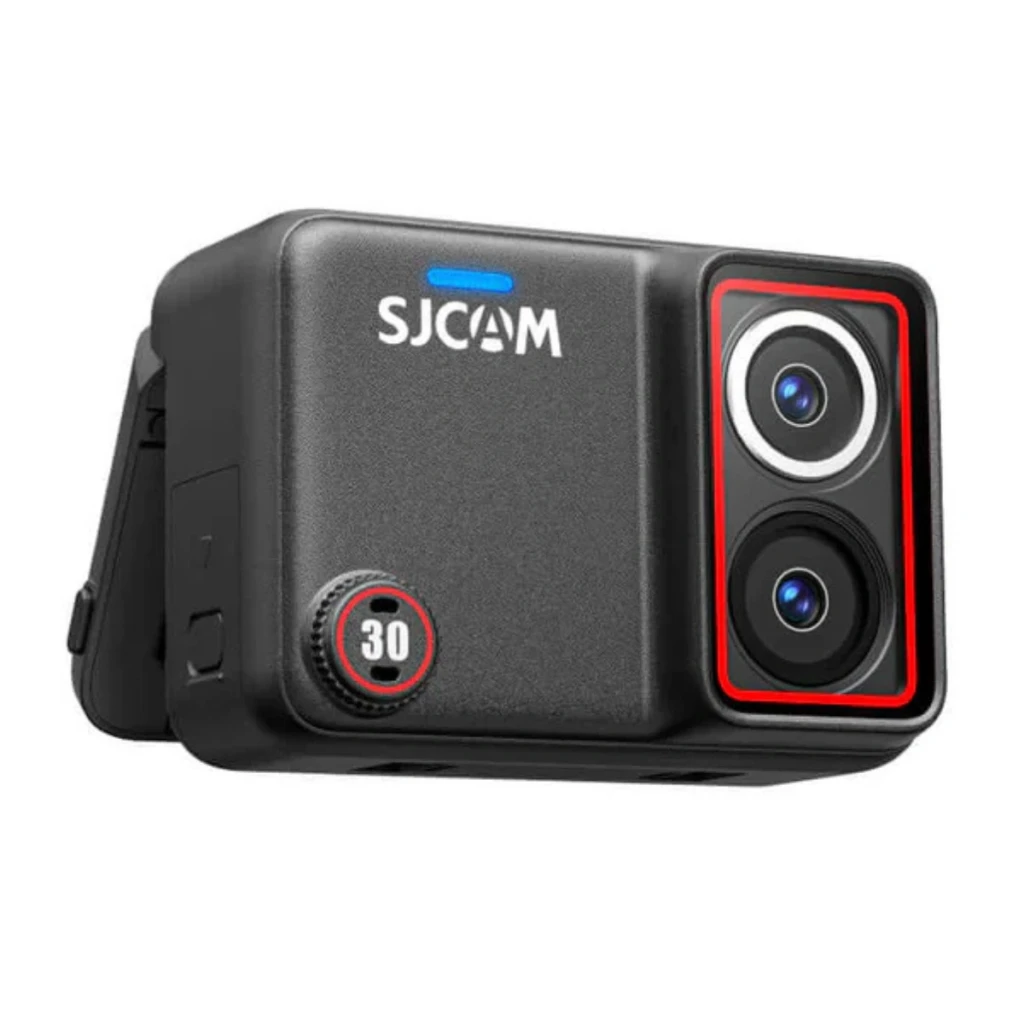 SJCAM SJ30 Standard Kit 4K Lente Dual: cámara deportiva compacta con doble lente frontal, cuerpo negro robusto, indicador LED y botón 30 destacado en rojo