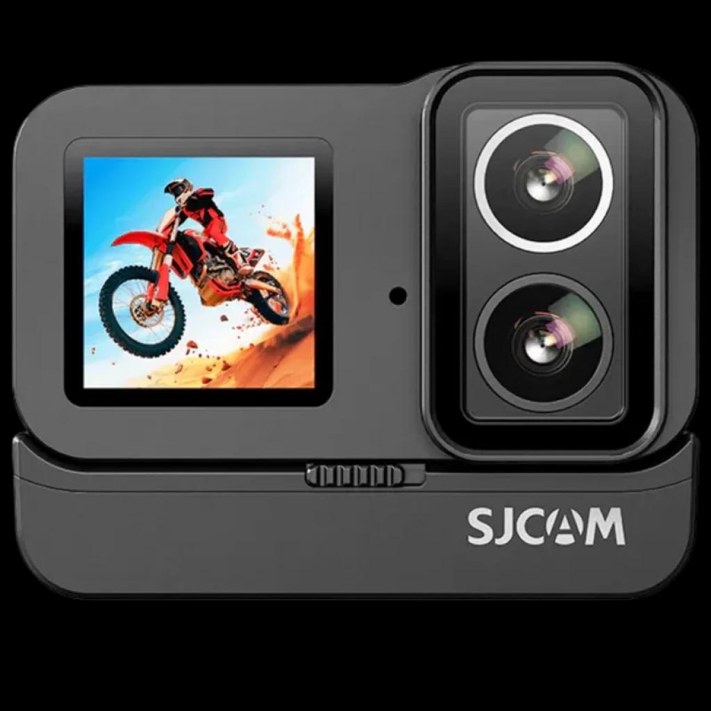 Cámara deportiva SJCAM SJ30 con doble lente Starlight, pantalla lateral a color, base de carga integrada y diseño compacto en acabado negro