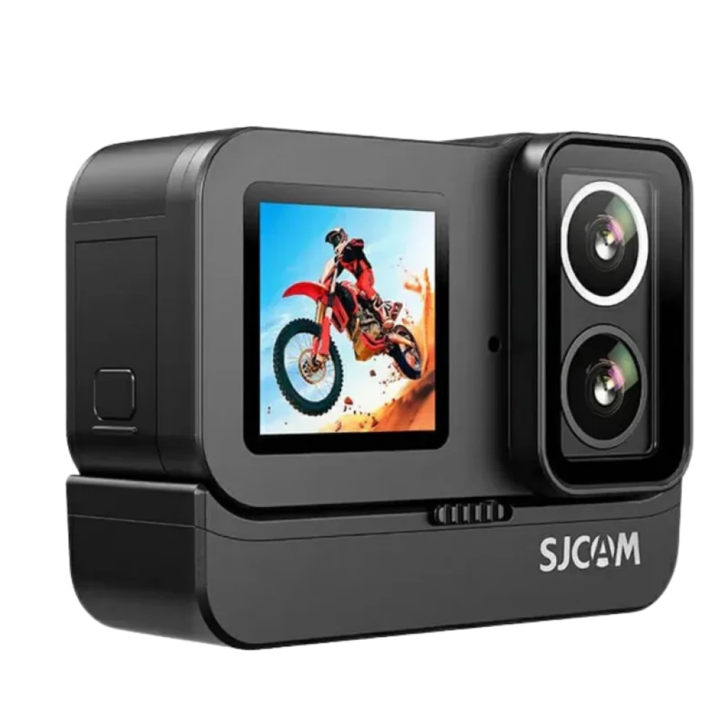 SJCAM SJ30 Charging Kit 8K con cuerpo negro, pantalla lateral a color mostrando motocross y módulo de doble lente Starlight vertical para tomas nocturnas