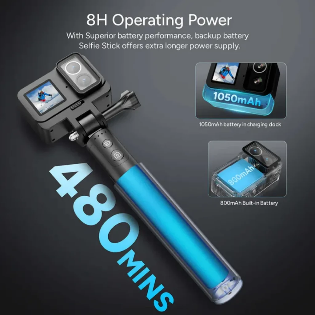 Kit SJCAM SJ30 con cámara deportiva 8K de doble lente Starlight, palo selfie azul, batería 800 mAh integrada y batería 1050 mAh con base de carga