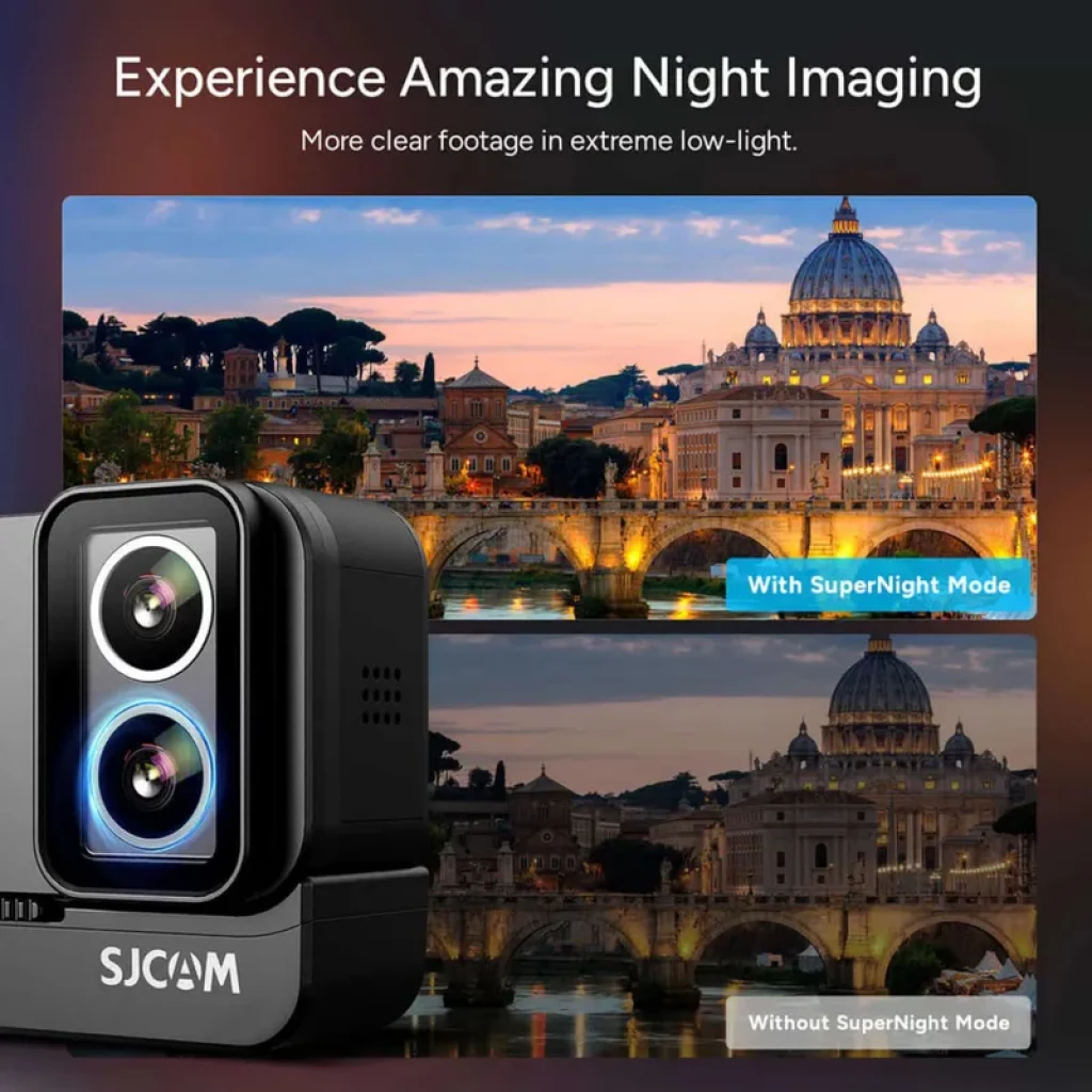 SJCAM SJ30 Charging Kit 8K Lente Dual Starlight con dos lentes frontales y base de carga; destaca el modo SuperNight para tomas nítidas en baja luz