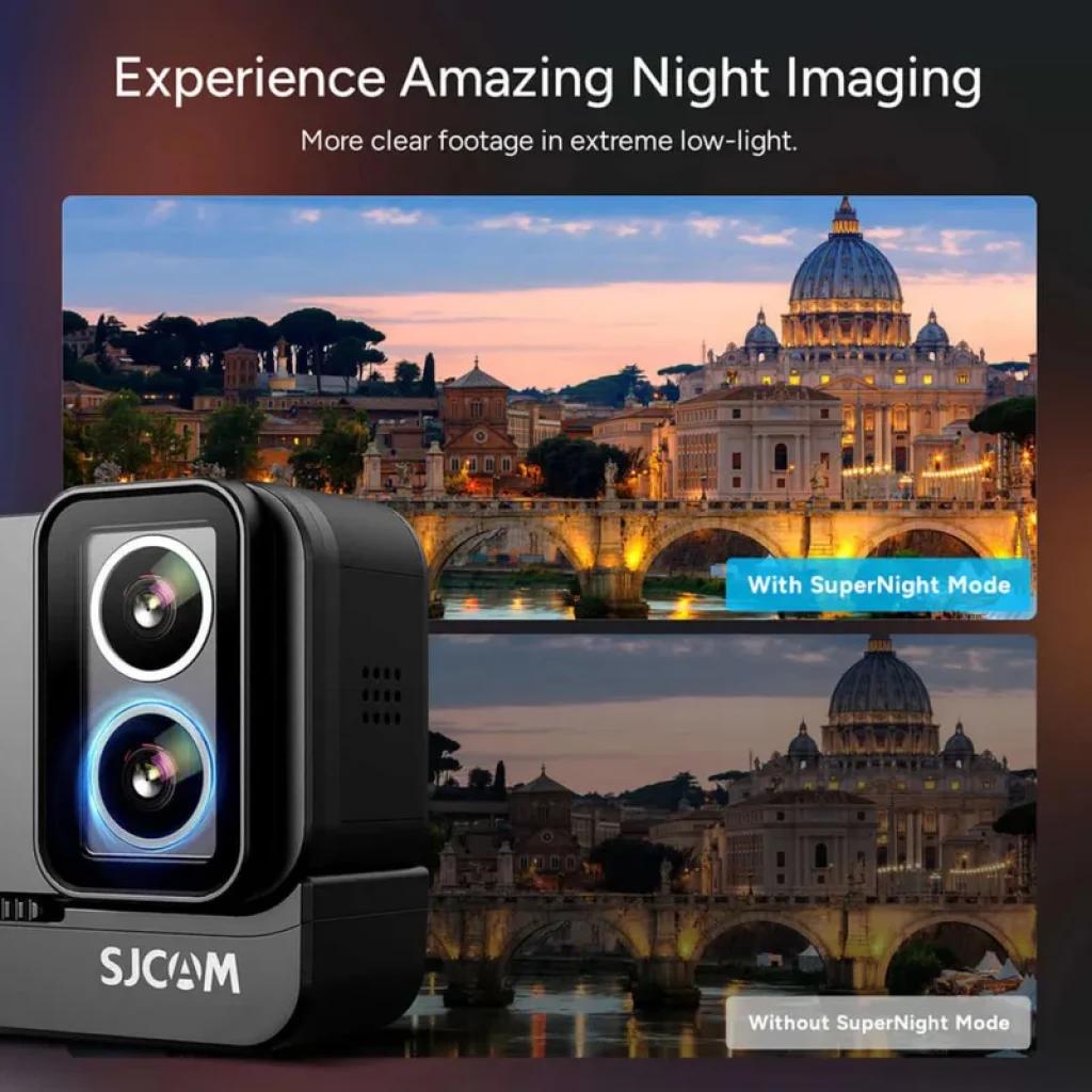 SJCAM SJ30 Charging Kit 8K Lente Dual Starlight con dos lentes frontales y base de carga; destaca el modo SuperNight para tomas nítidas en baja luz