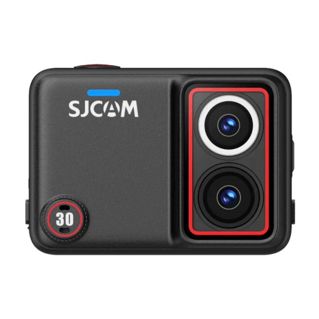 SJCAM SJ30 Charging Kit 8K Lente Dual Starlight: cámara deportiva negra con doble lente frontal en marco rojo, botón lateral 30 y logo SJCAM visible
