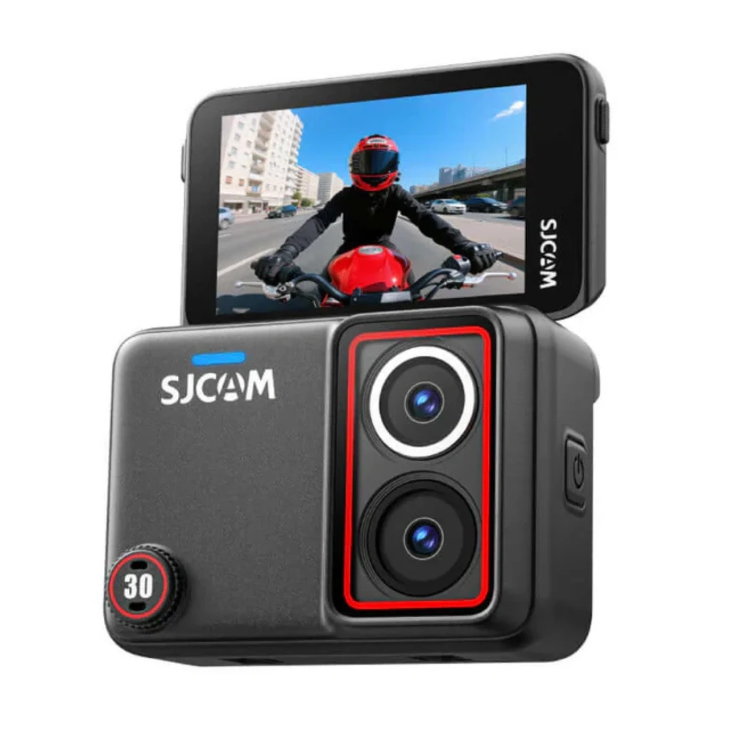 SJCAM SJ30 Charging Kit 8K Lente Dual Starlight con pantalla abatible, doble lente frontal enmarcada en rojo y cuerpo compacto negro con control lateral