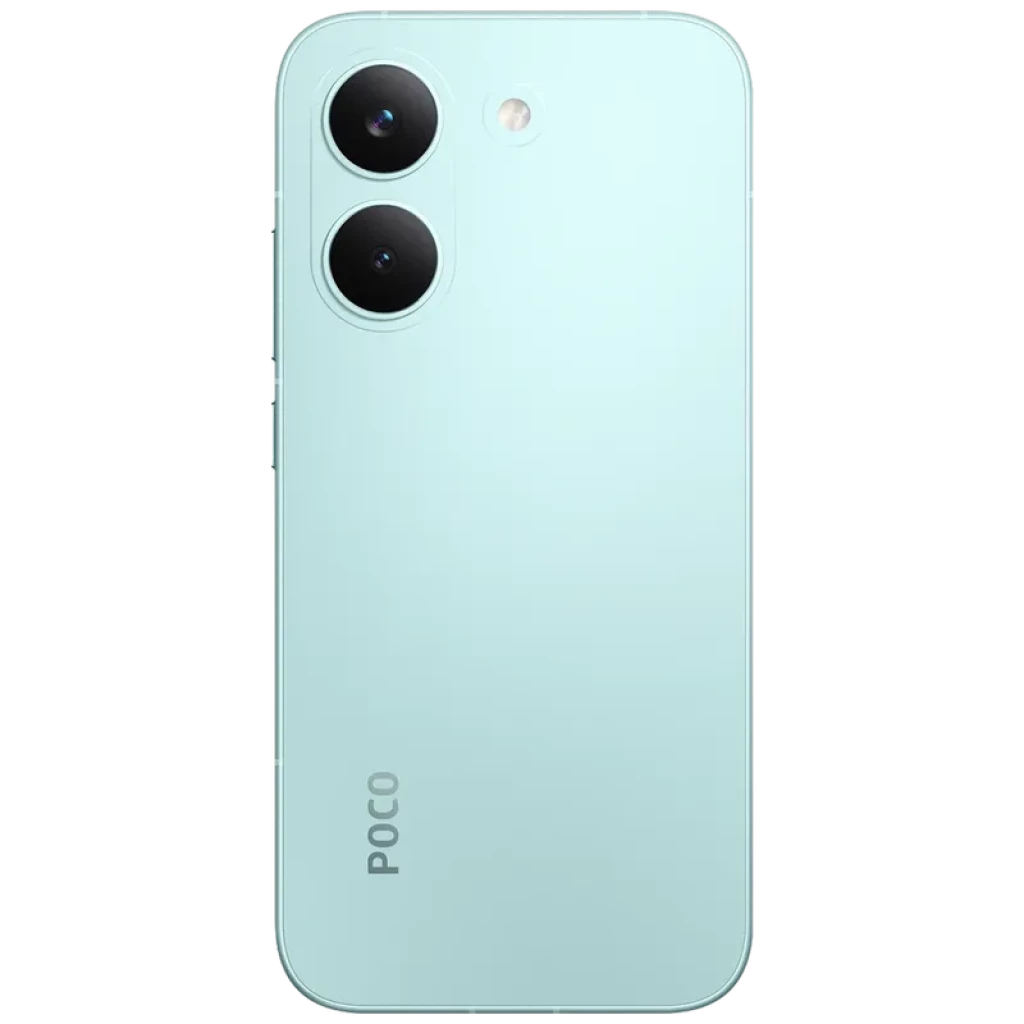 Xiaomi Poco X8 Pro 5G verde menta con doble cámara trasera grande, módulo minimalista, flash LED y acabado mate; logo POCO inferior vertical