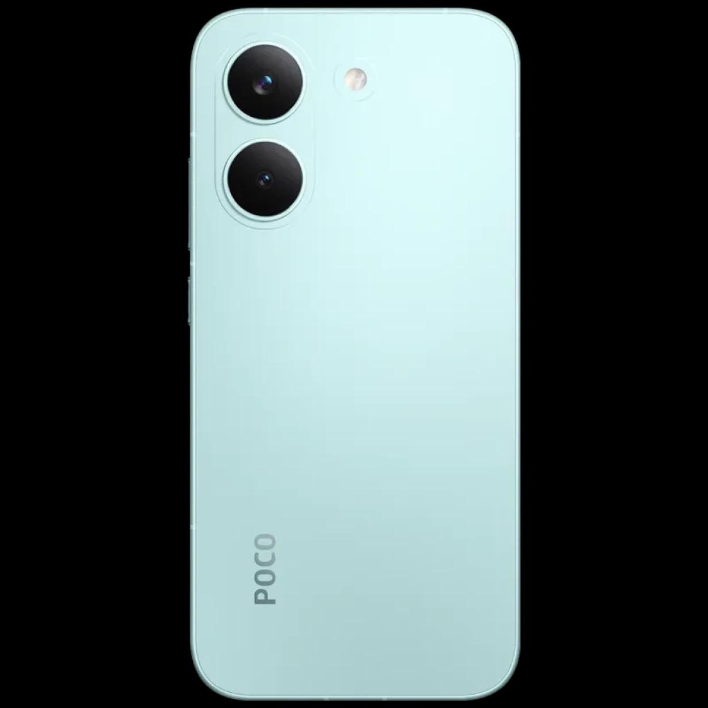 Xiaomi Poco X8 Pro 5G verde menta con doble cámara trasera grande, módulo minimalista, flash LED y acabado mate; logo POCO inferior vertical