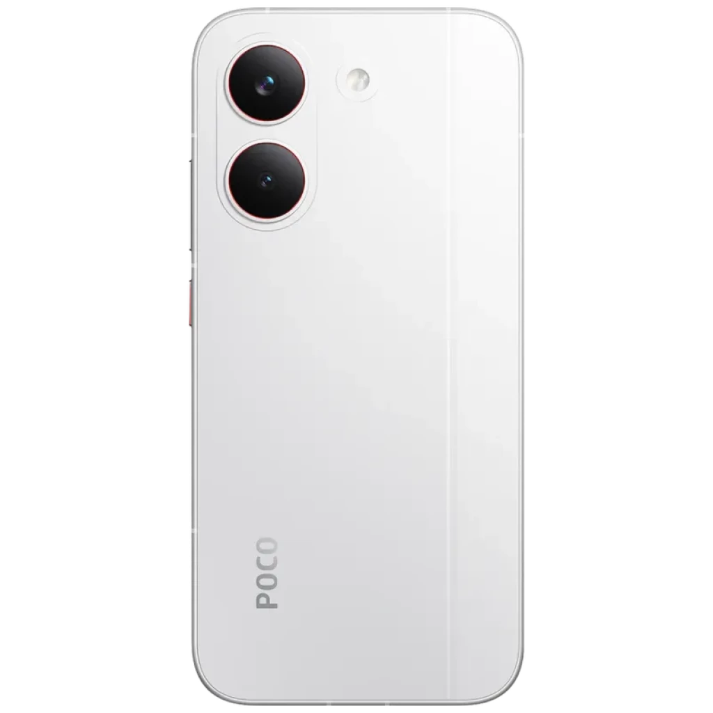 Xiaomi Poco X8 Pro 5G blanco con dos cámaras traseras grandes en módulo vertical, acabado brillante, línea central sutil y logo POCO en la parte baja
