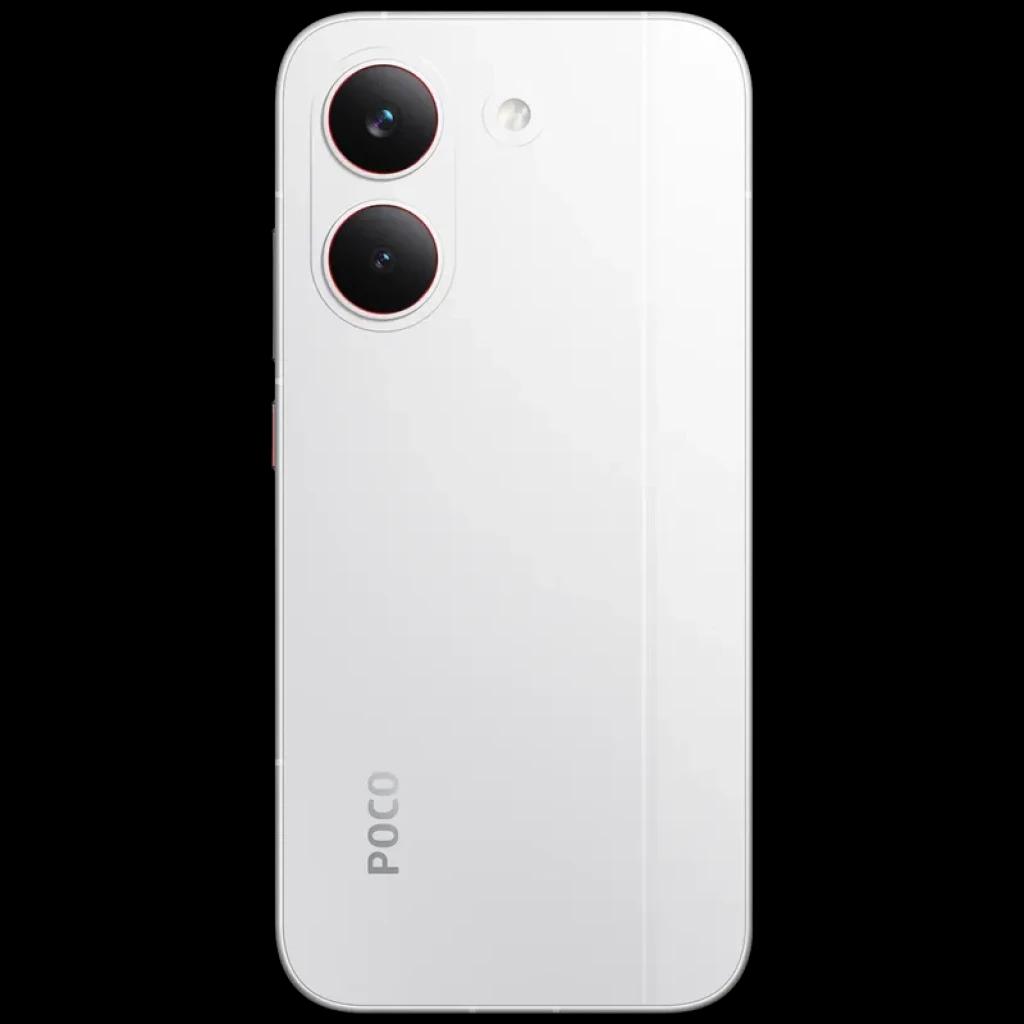 Xiaomi Poco X8 Pro 5G blanco con dos cámaras traseras grandes en módulo vertical, acabado brillante, línea central sutil y logo POCO en la parte baja