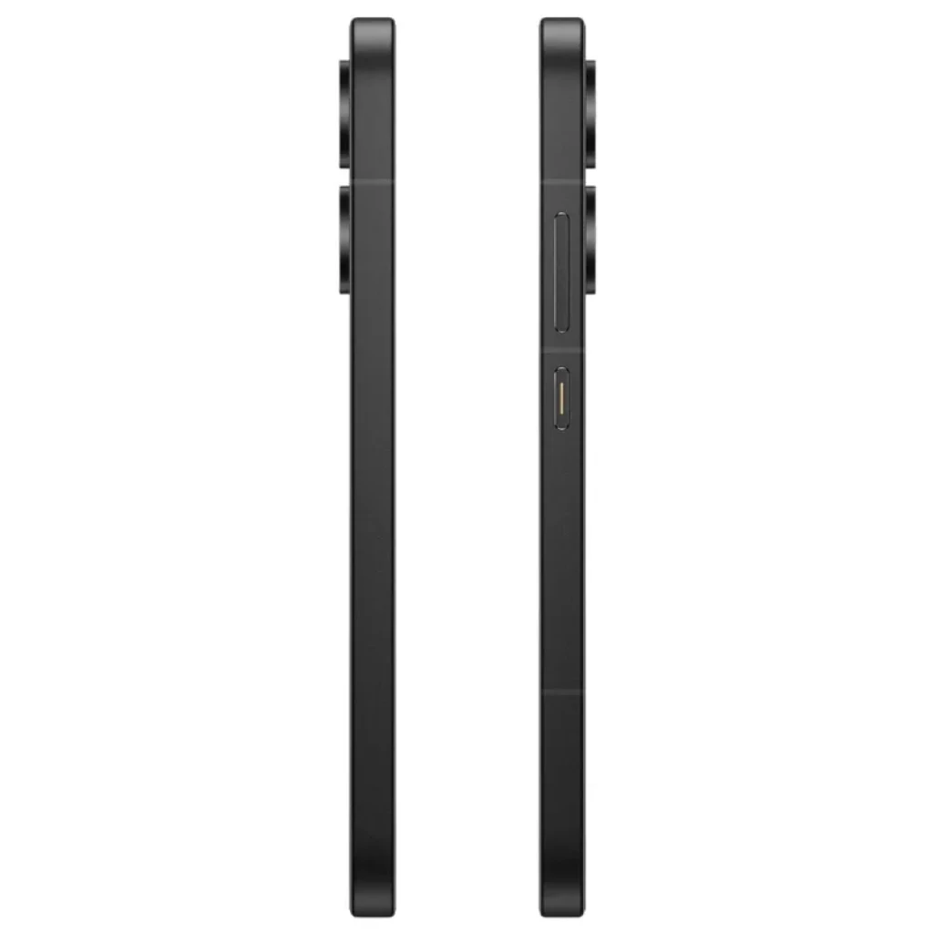 Xiaomi Poco X8 Pro 5G Iron Man Edition, perfil lateral negro mate, marco recto, doble módulo de cámara trasera sobresaliente y botones laterales definidos