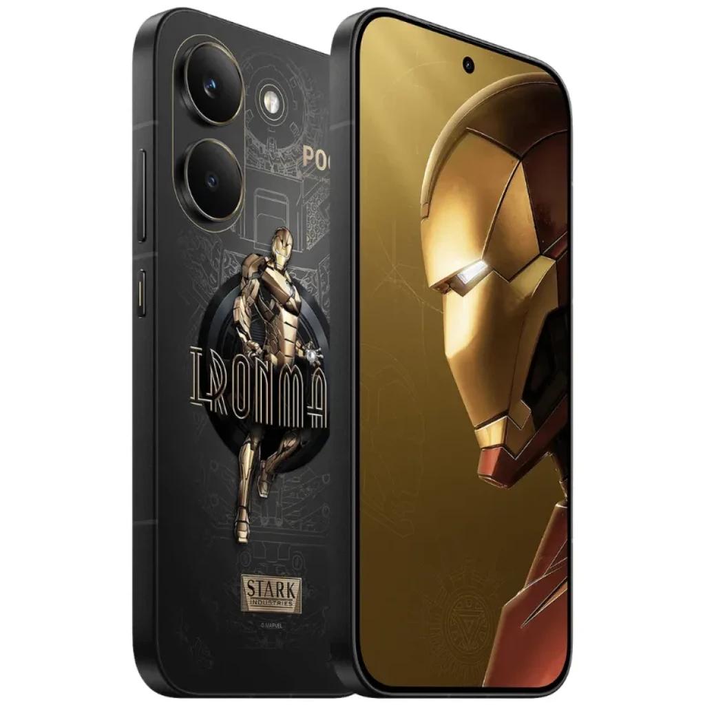 Xiaomi Poco X8 Pro 5G Iron Man Edition en negro con arte de Iron Man grabado, doble cámara trasera grande, marco plano y pantalla frontal con wallpaper de