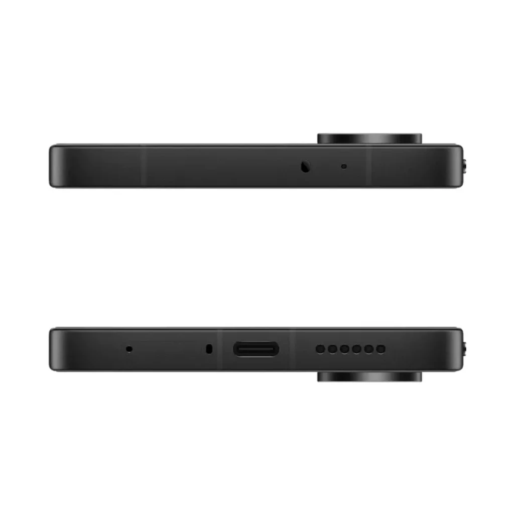 Bordes superiores e inferiores del Xiaomi Poco X8 Pro 5G Iron Man Edition en negro, con puerto USB-C, altavoz, micrófono y módulo de cámara trasera