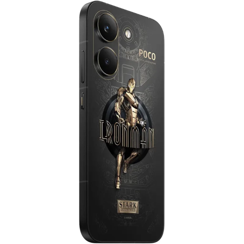 Xiaomi Poco X8 Pro 5G edición Iron Man en negro con grabados dorados, doble cámara trasera grande, logo POCO y emblema Stark Industries en la carcasa