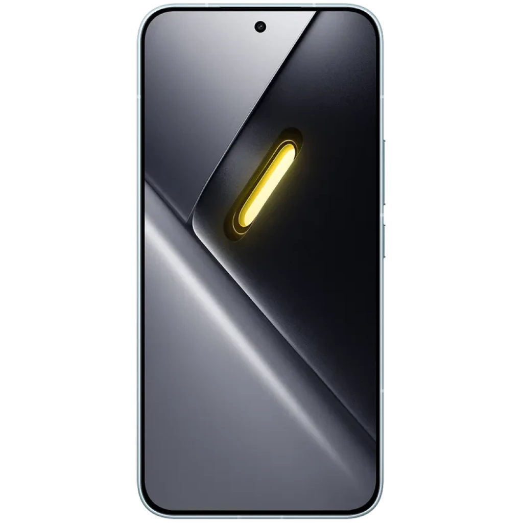 Xiaomi Poco X8 Pro Max 5G azul con pantalla completa casi sin bordes, cámara frontal en orificio centrado y detalle amarillo en módulo trasero estilizado