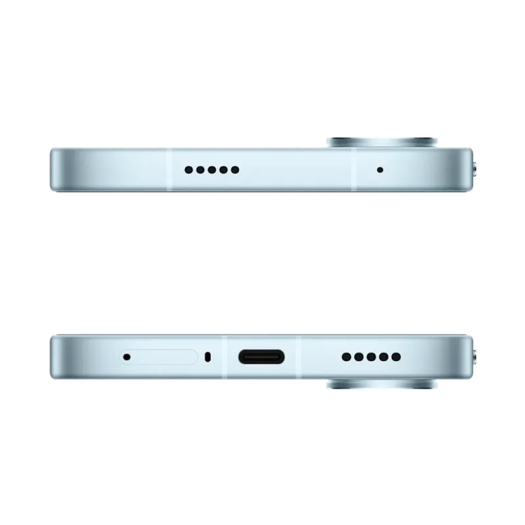 Bordes planos en color azul hielo con puerto USB-C centrado, ranura SIM, rejillas de altavoz y gran módulo de cámara trasero sobresaliente en el Xiaomi Poco