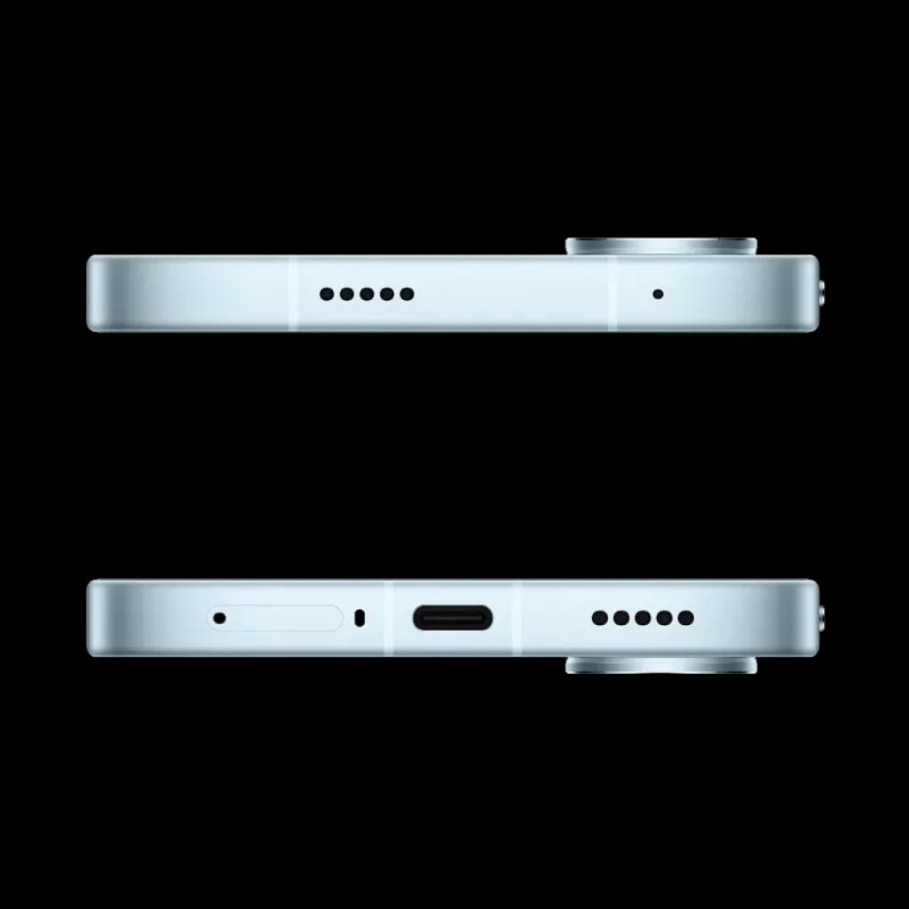 Bordes planos en color azul hielo con puerto USB-C centrado, ranura SIM, rejillas de altavoz y gran módulo de cámara trasero sobresaliente en el Xiaomi Poco