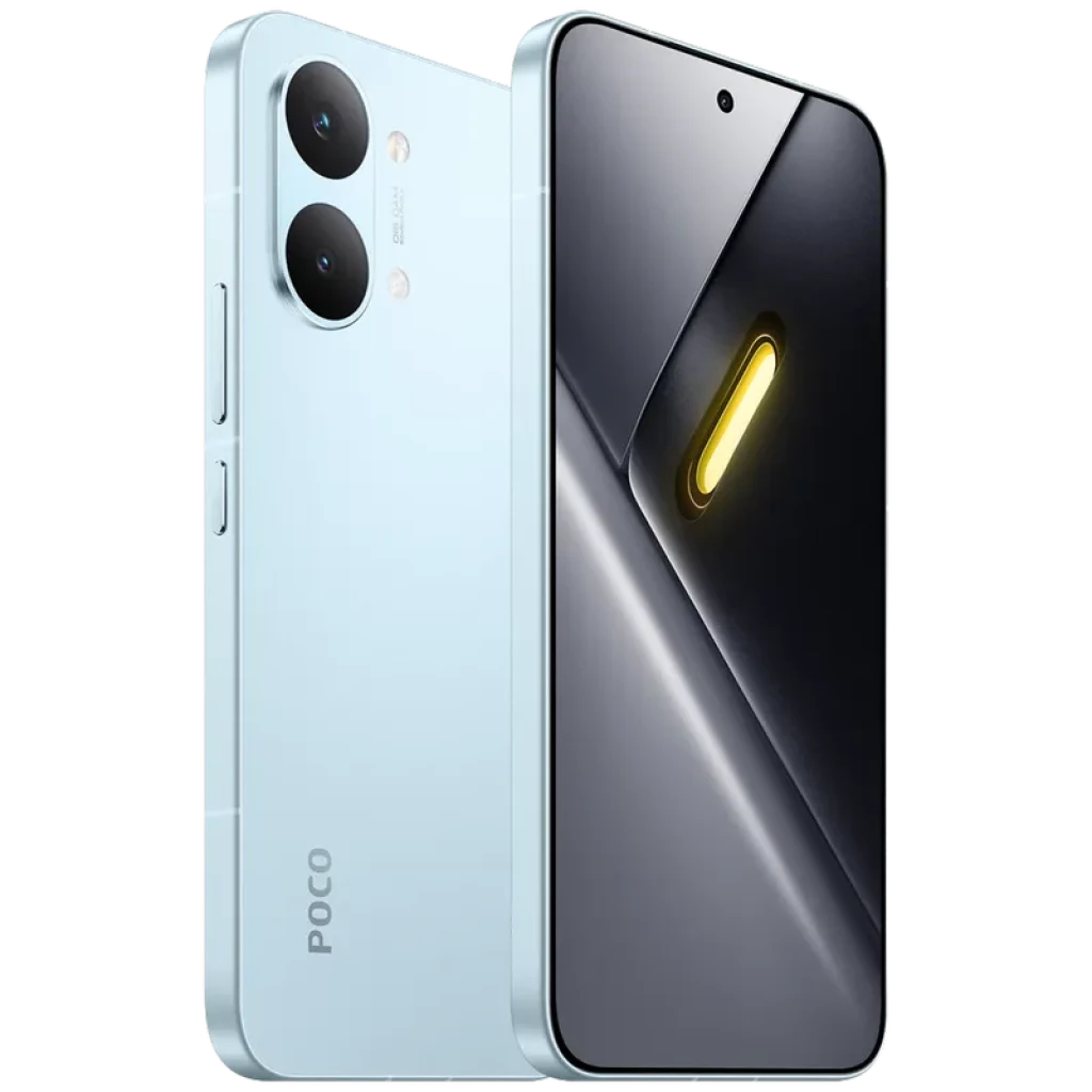 Xiaomi Poco X8 Pro Max 5G azul con doble cámara trasera grande, pantalla casi sin bordes y perforación central, acabado mate y marco lateral con botones