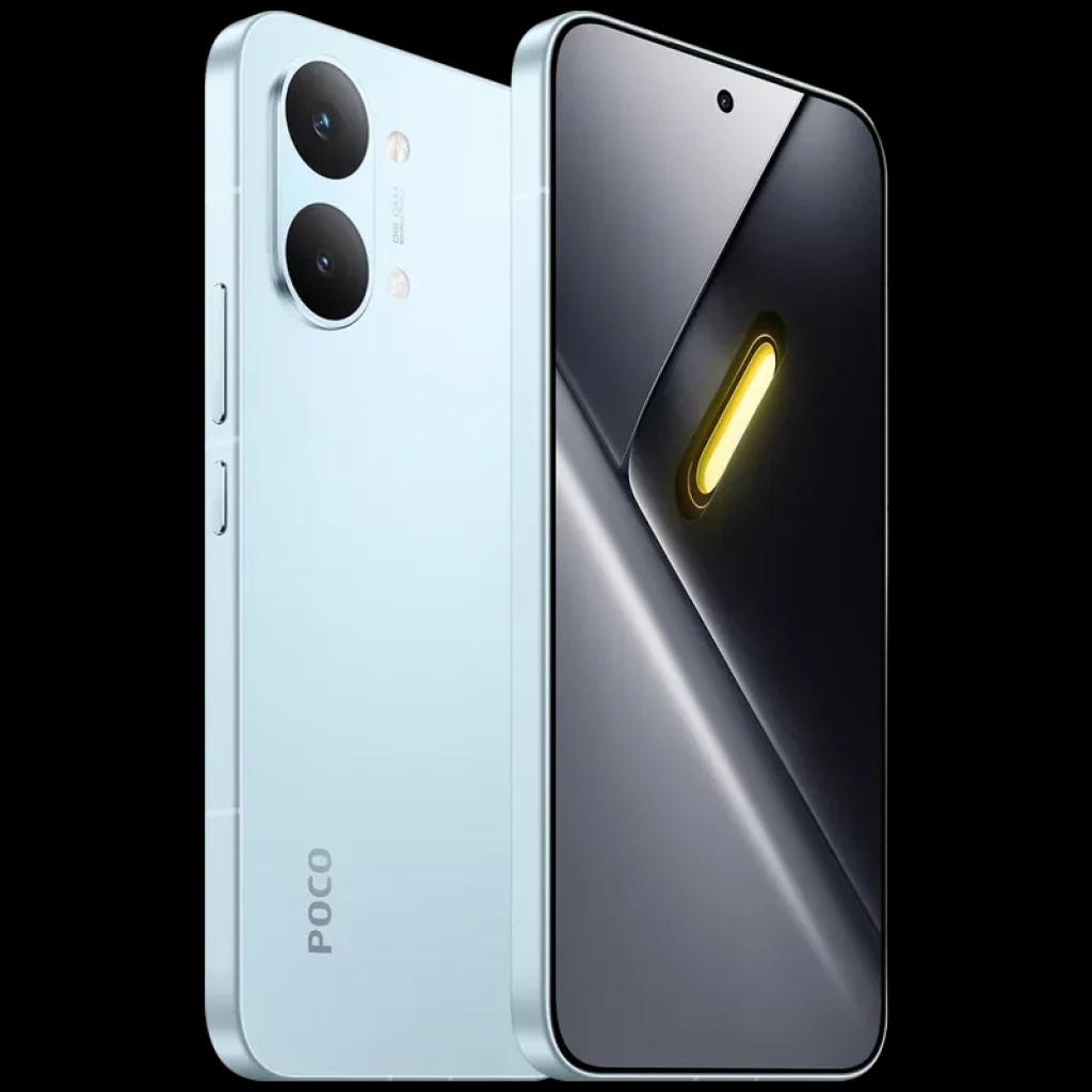 Xiaomi Poco X8 Pro Max 5G azul con doble cámara trasera grande, pantalla casi sin bordes y perforación central, acabado mate y marco lateral con botones