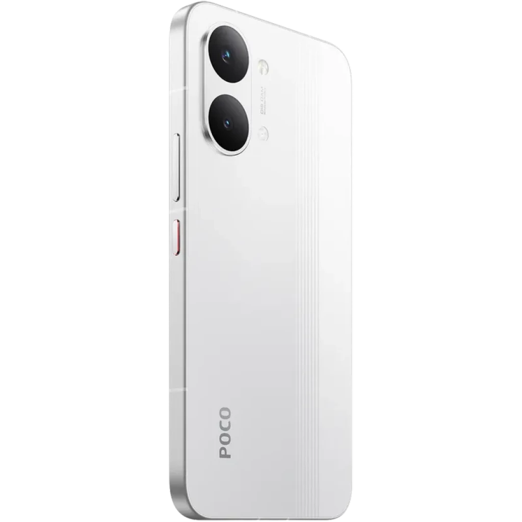 Xiaomi Poco X8 Pro Max 5G blanco con dos cámaras traseras grandes, acabado mate con líneas sutiles, marco delgado y botón lateral rojo distintivo
