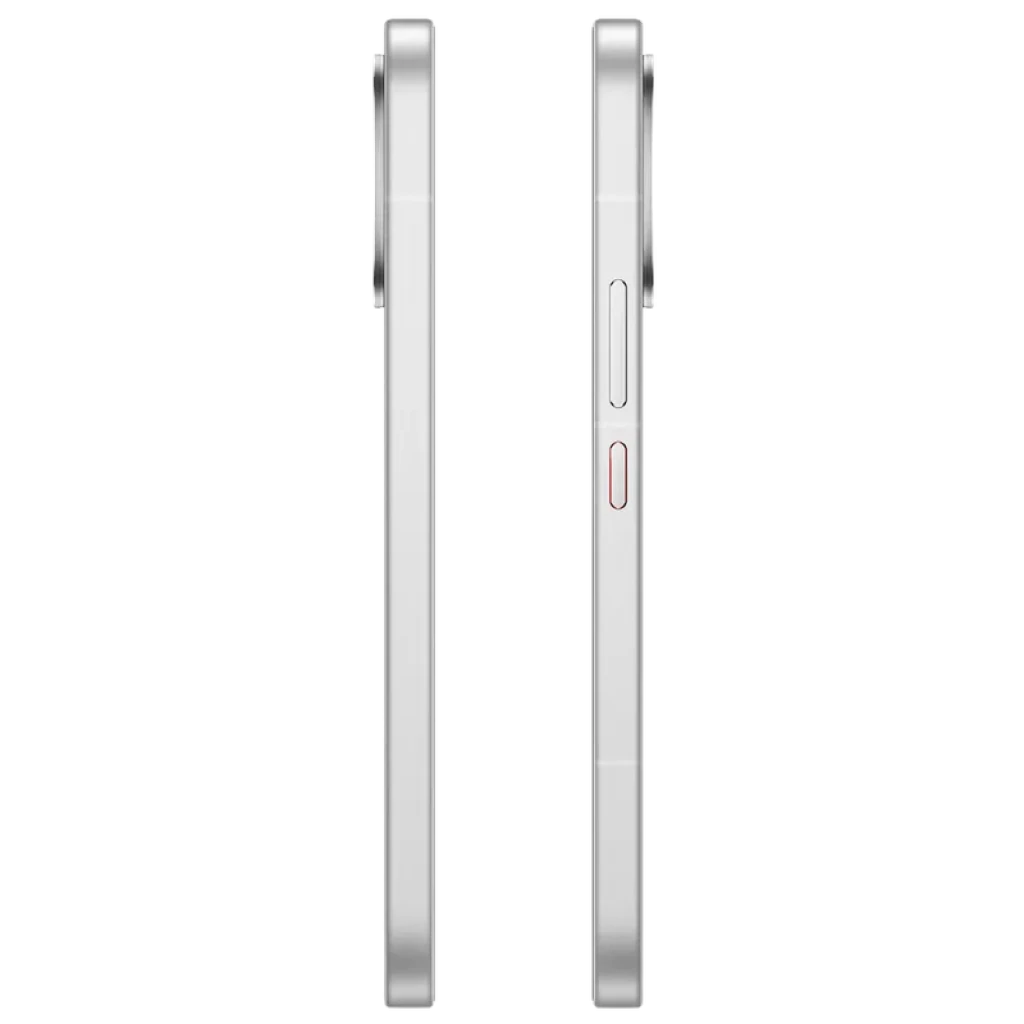 Xiaomi Poco X8 Pro Max 5G blanco, marco metálico plano plateado, botones laterales con acento rojo y módulo de cámara trasera prominente, diseño delgado