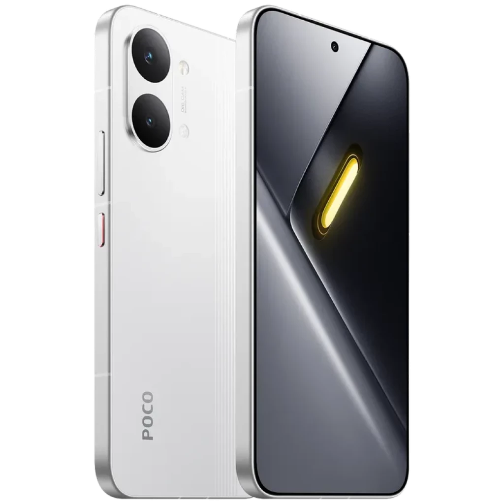 Xiaomi Poco X8 Pro Max 5G blanco con pantalla 120Hz casi sin bordes, cámara dual trasera grande, módulo LED vertical y acabado mate elegante