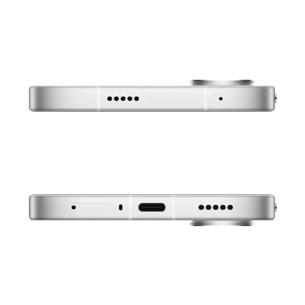 Xiaomi Poco X8 Pro Max 5G blanco con bordes planos, marco metálico plateado, cámara trasera con aro saliente, USB-C, altavoces duales y ranura SIM