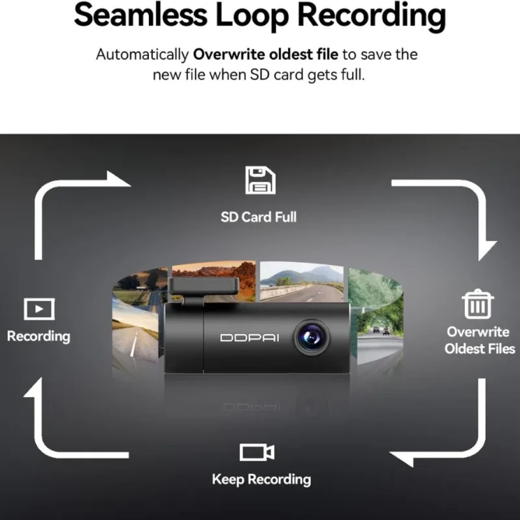 DDPAI MINI Pro 2K avec WiFi, caméra compacte noire avec objectif grand angle, indicateurs boucle d’enregistrement, SD pleine, écrasement anciens fichiers