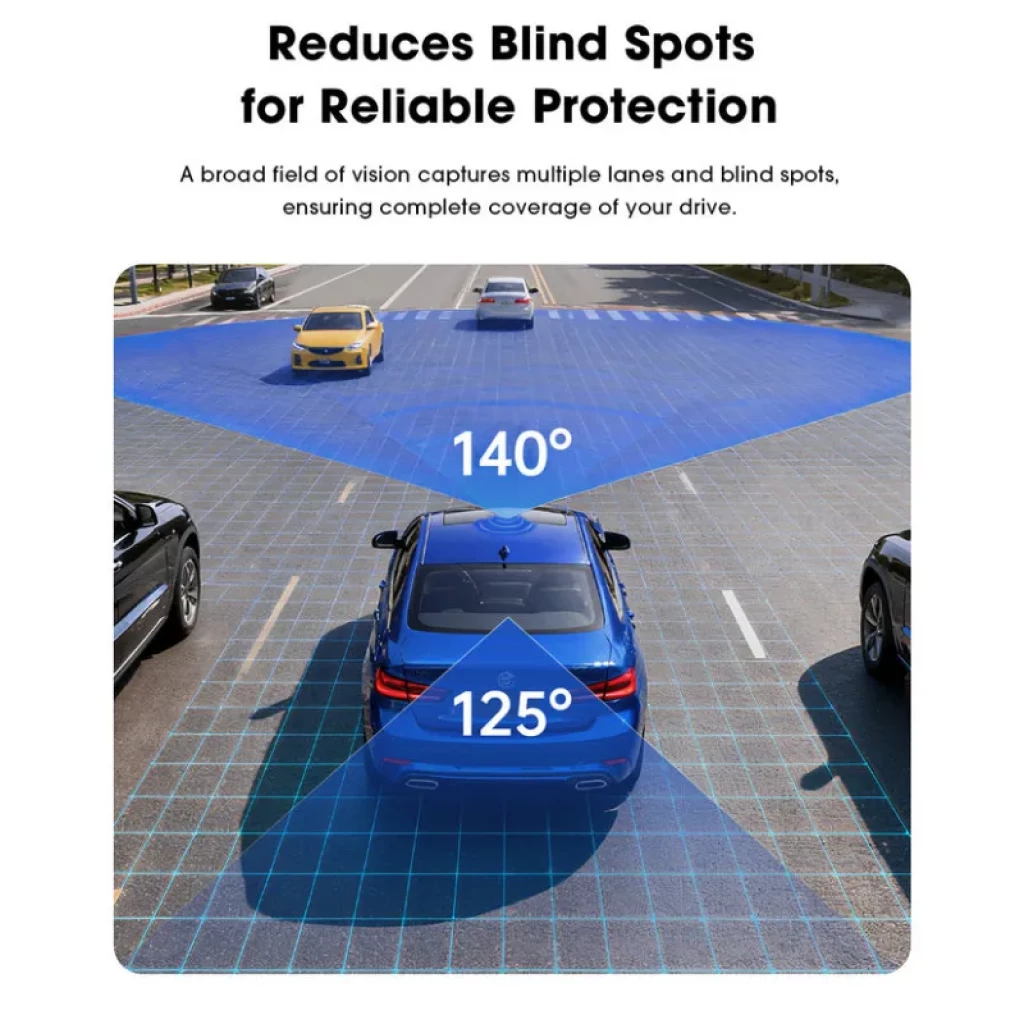 DDPAI N5 Dual 2026 2CH 4K, angles 140° avant et 125° arrière, champ large couvrant plusieurs voies et angles morts pour conduite sûre