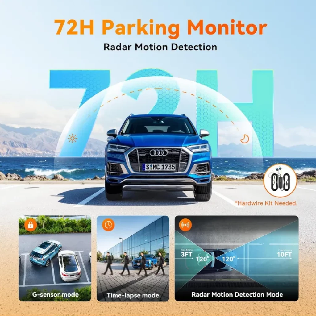 DDPAI N5 Dual 2026 2CH 4K avec module 4G, moniteur parking 72 h, détection radar 120°, portée 3 à 10 ft, modes G-sensor et time-lapse, kit hardwire requis