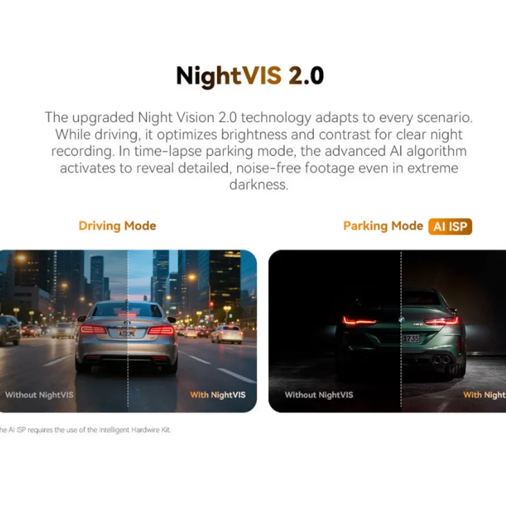 DDPAI N5 Pro 2CH 4K + 2K com NightVIS 2.0: comparação dia/noite mostra gravação clara, menos ruído e mais detalhes em condução e estacionamento