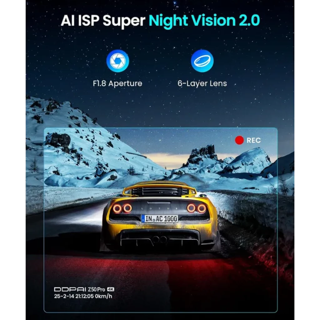 DDPAI Z50 Pro GPS 4K – Câmara para Carro com visão noturna AI, lente de 6 camadas, abertura f/1.8 e gravação REC destacada em cenário noturno de estrada