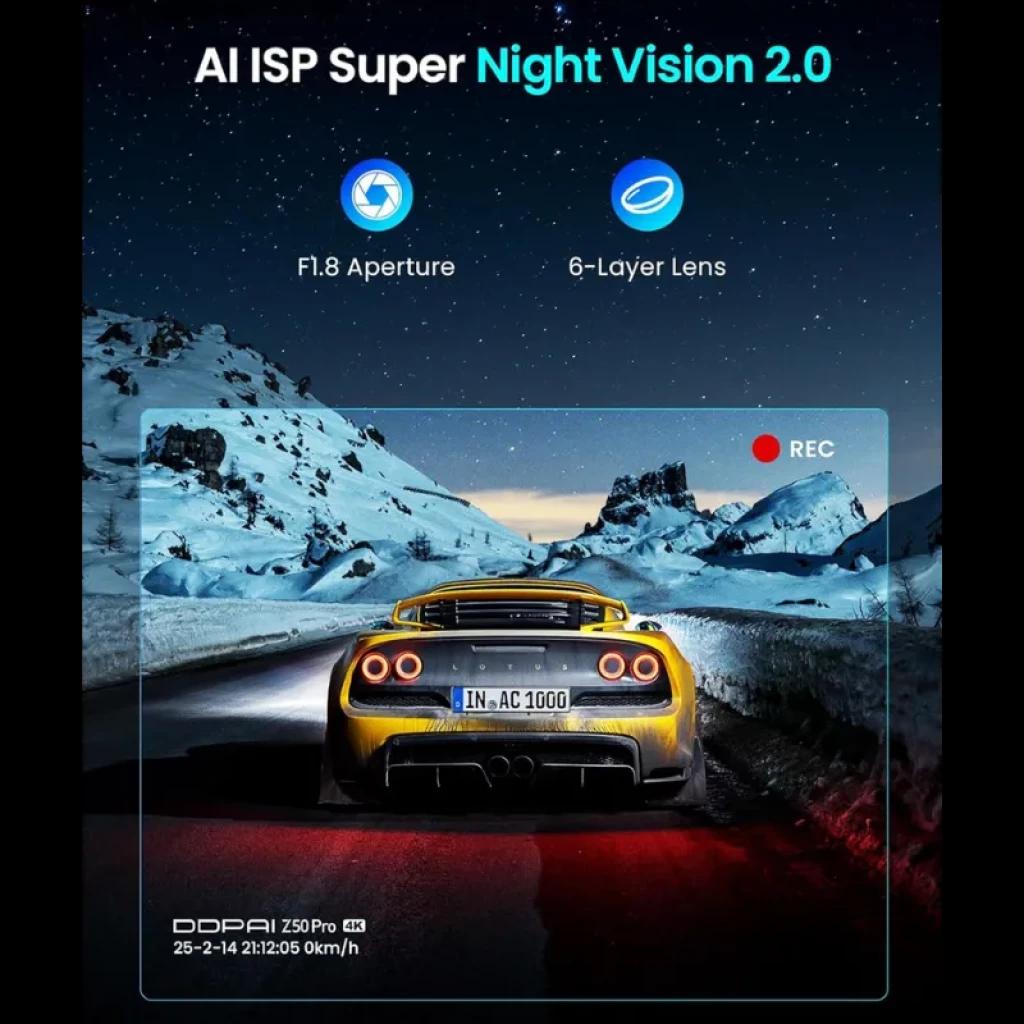 DDPAI Z50 Pro GPS 4K – Câmara para Carro com visão noturna AI, lente de 6 camadas, abertura f/1.8 e gravação REC destacada em cenário noturno de estrada