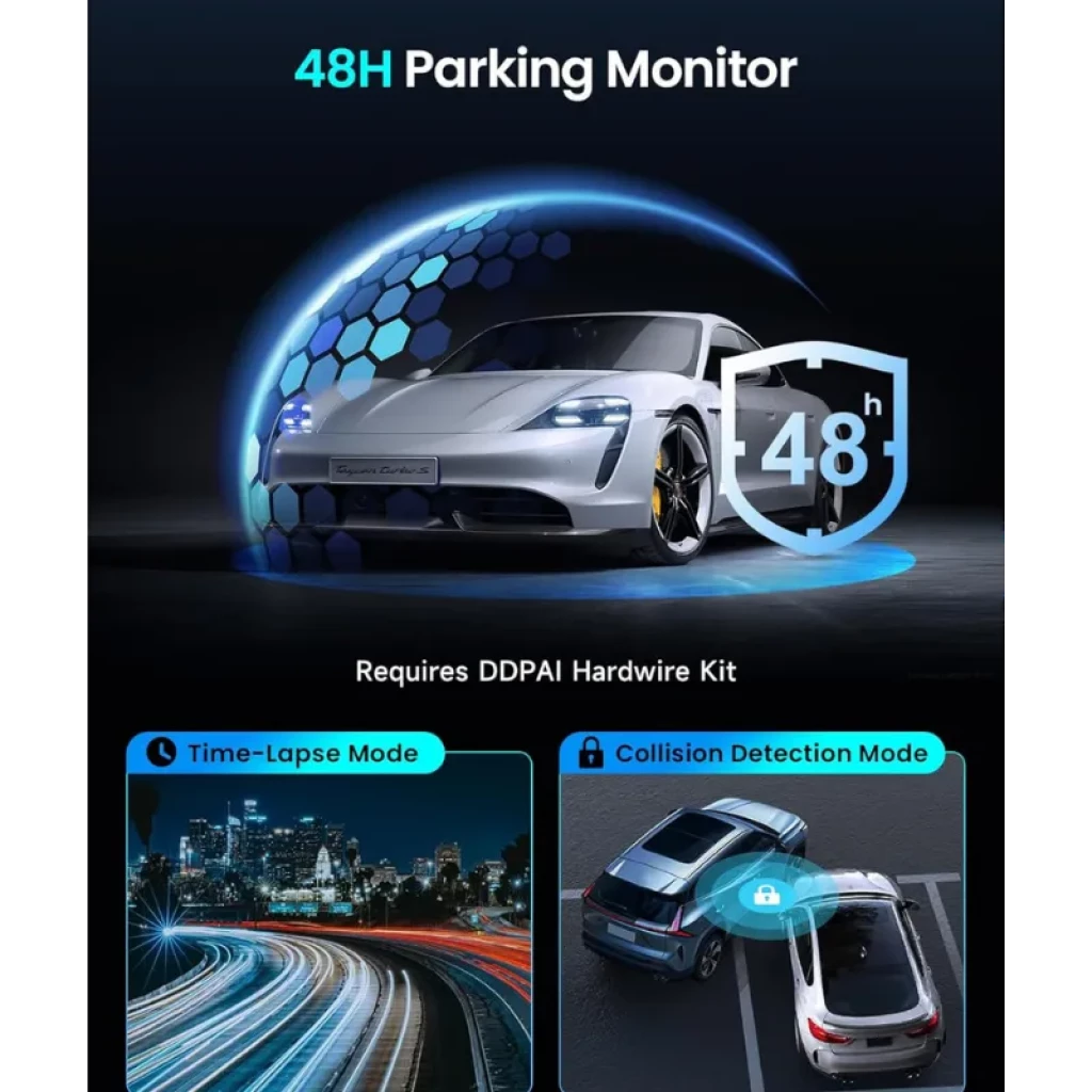 DDPAI Z50 Pro GPS 4K – Câmara para Carro com monitoramento de estacionamento 48h, modos time-lapse e detecção de colisão; exige hardwire kit